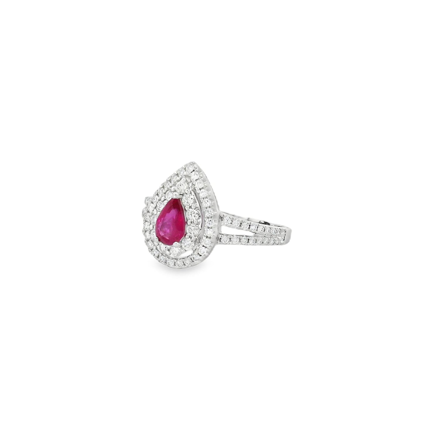 Elegant Halo Diamond Pear Ruby Ring