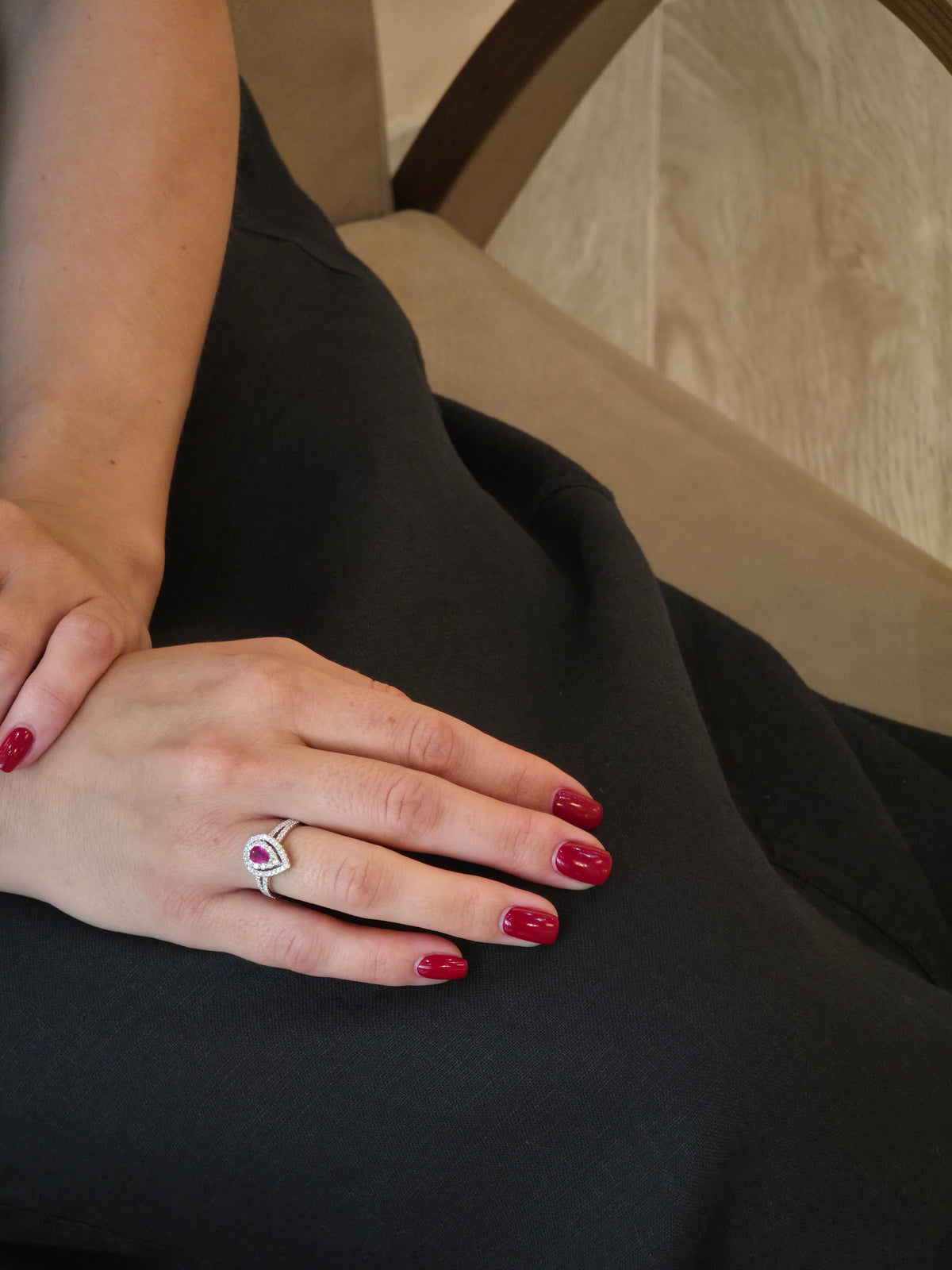 Elegant Halo Diamond Pear Ruby Ring - additional view