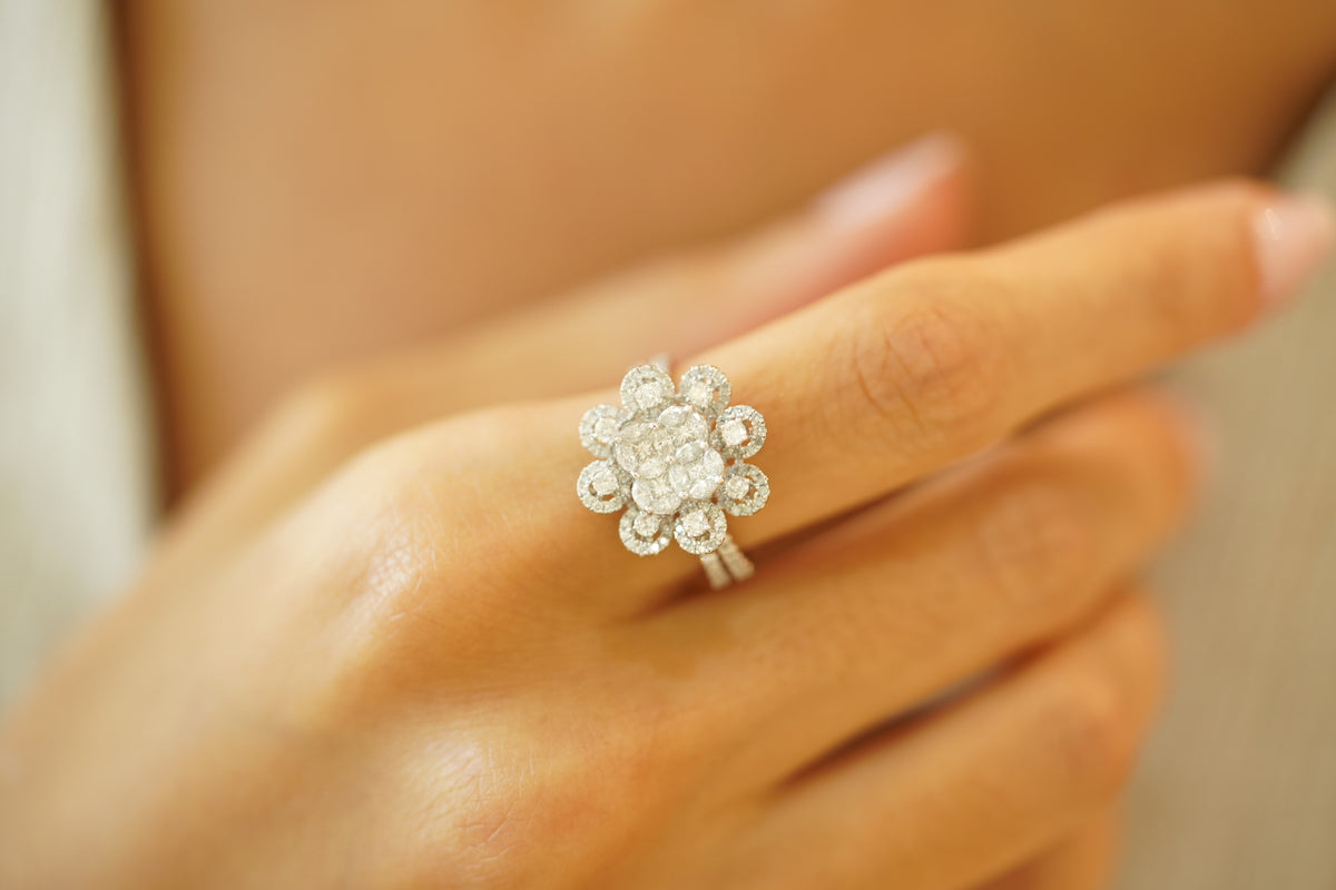 Elegant Floral Cluster Diamond White Ring - additional view