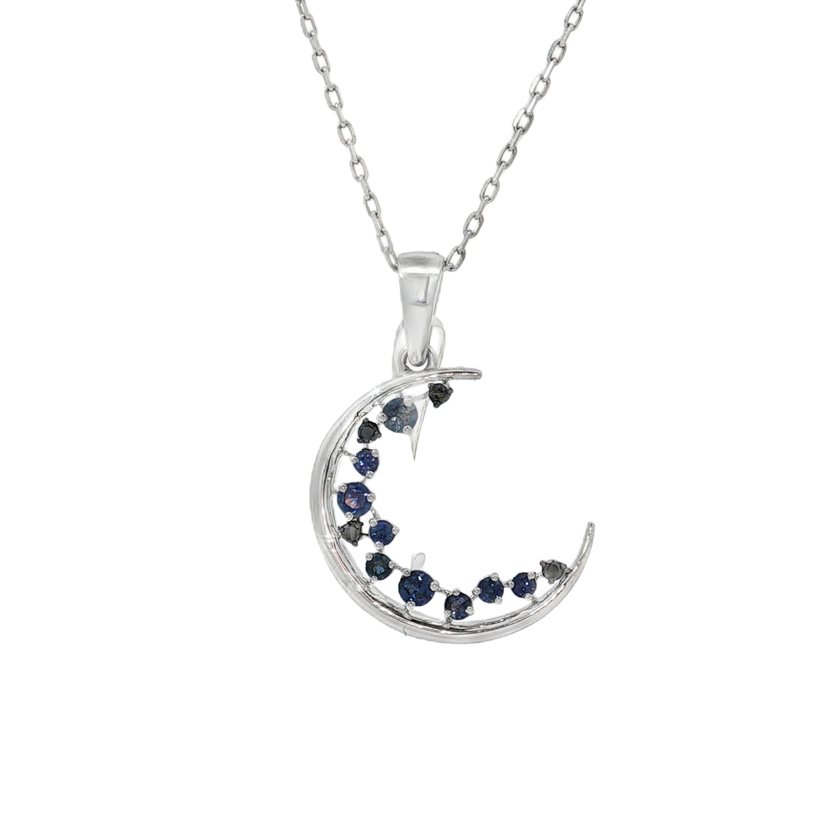White gold crescent pendant with blue sapphires and diamond accents