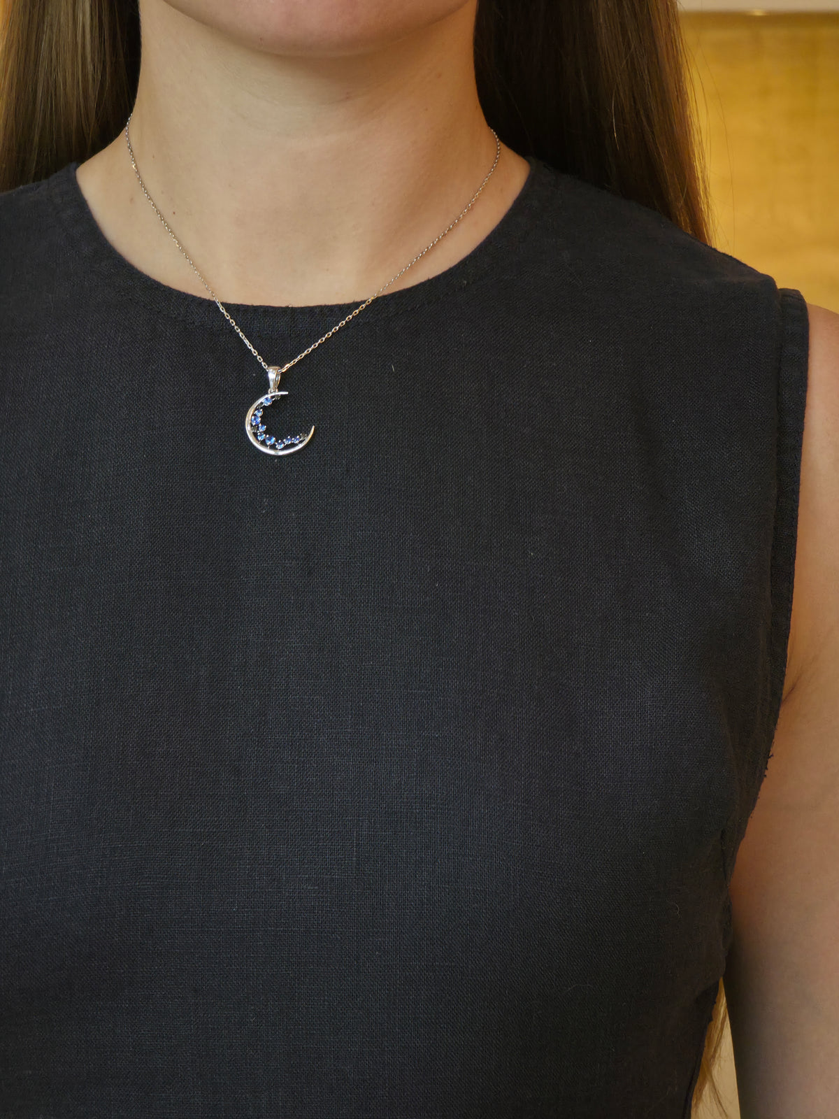 Sapphire Beaded Crescent Diamond Pendant - additional view