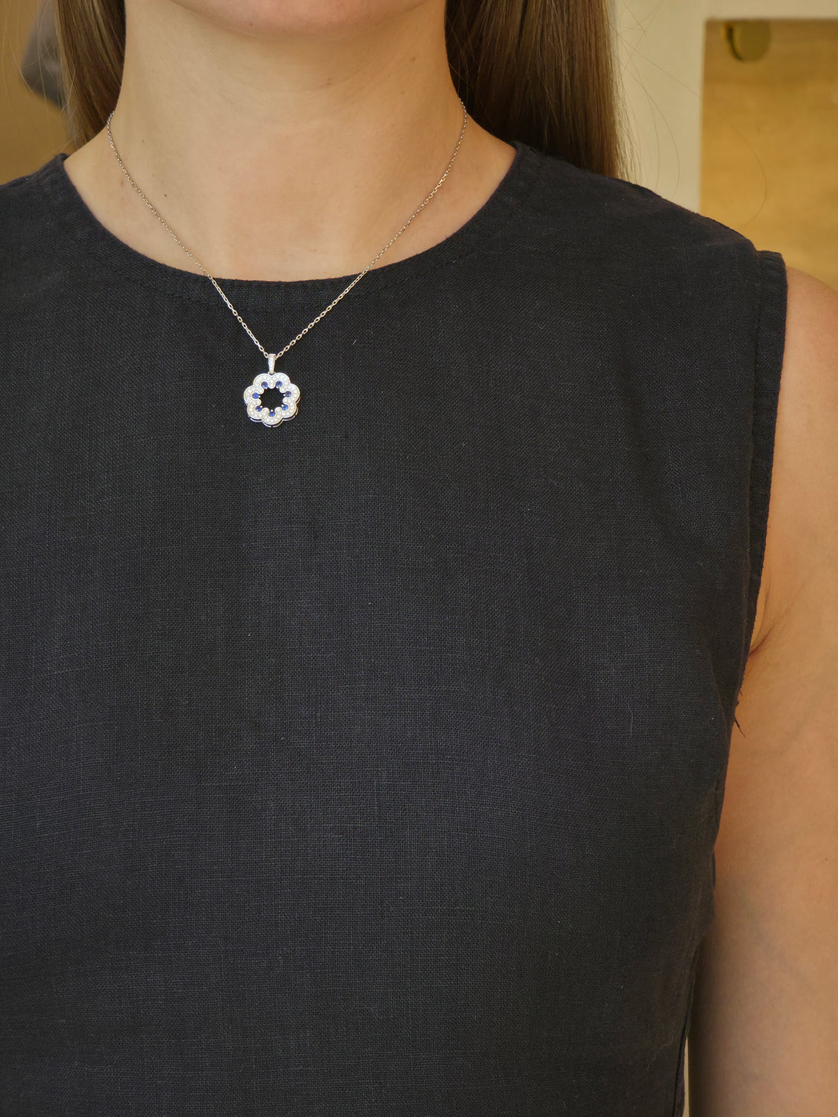 Charming Sapphire Scalloped Flower Diamond Pendant - additional view