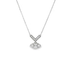 White gold necklace with diamond chevron above a horizontal diamond cluster