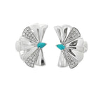 White gold fan earrings with turquoise centres and alternating diamond panels