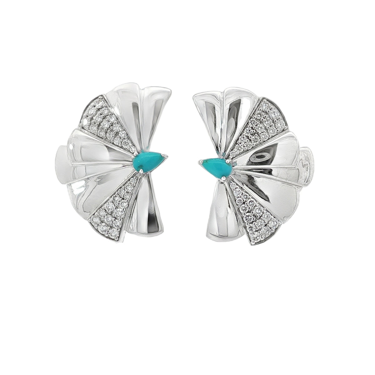 White gold fan earrings with turquoise centres and alternating diamond panels