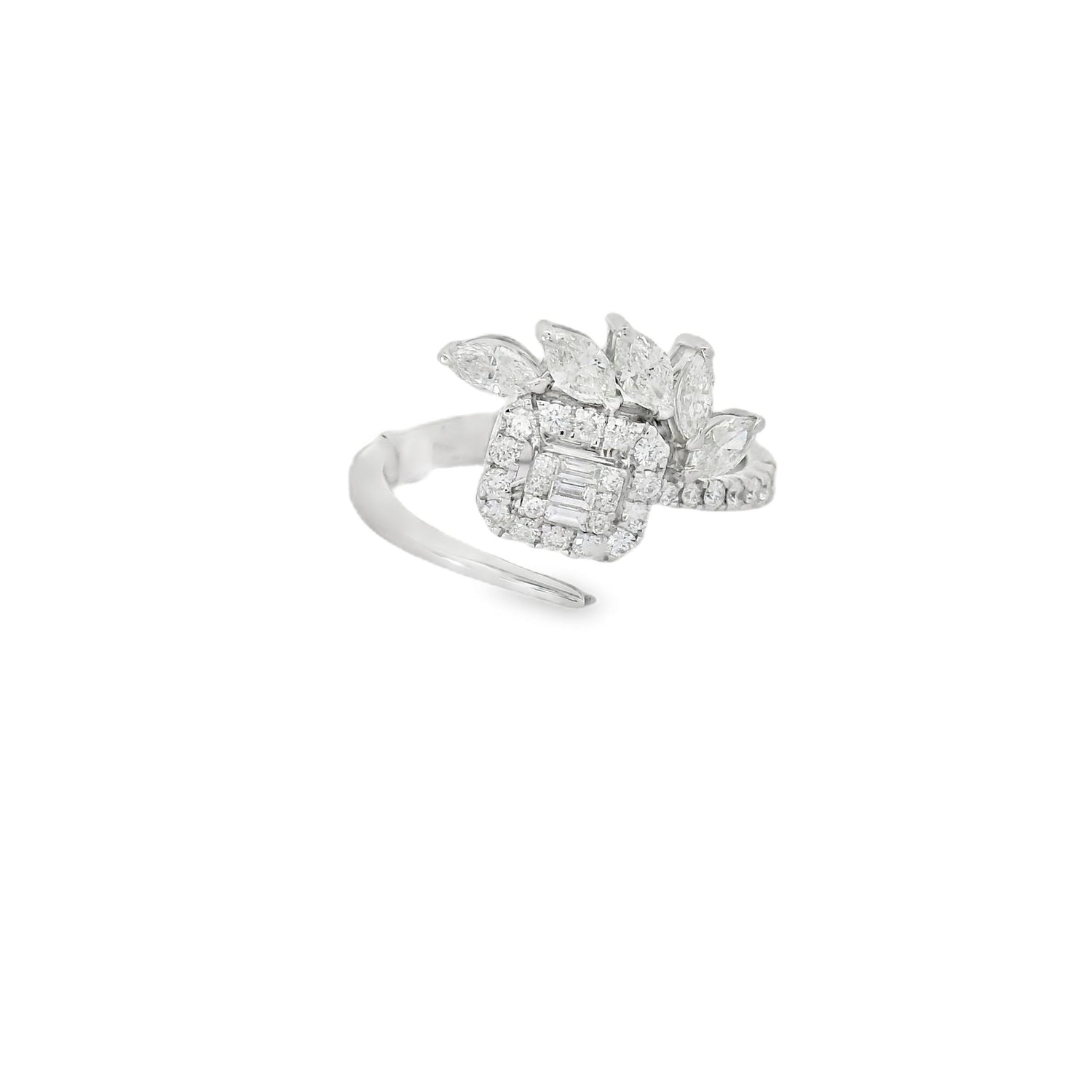 Polished Leafy Emerald-Cut Diamond Open Ring