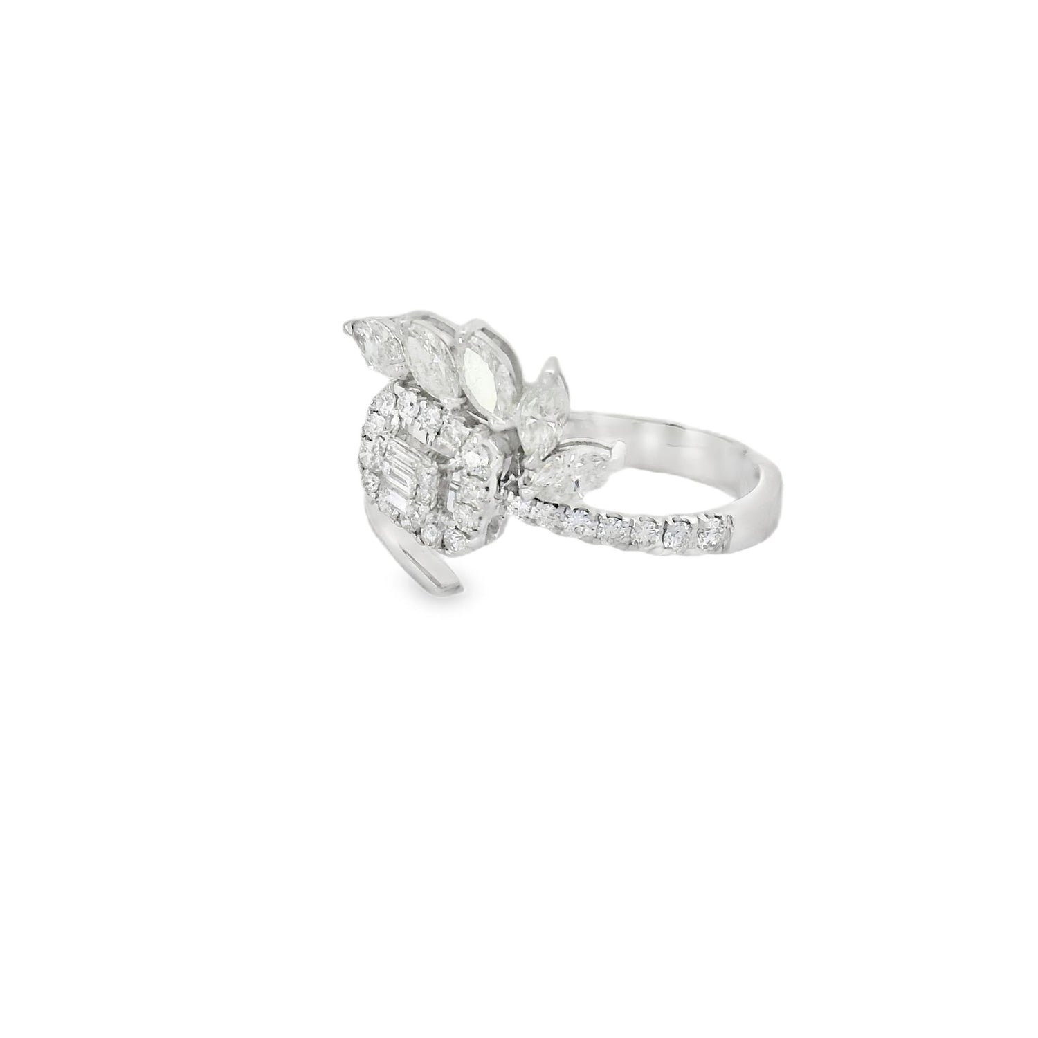 Polished Leafy Emerald-Cut Diamond Open Ring