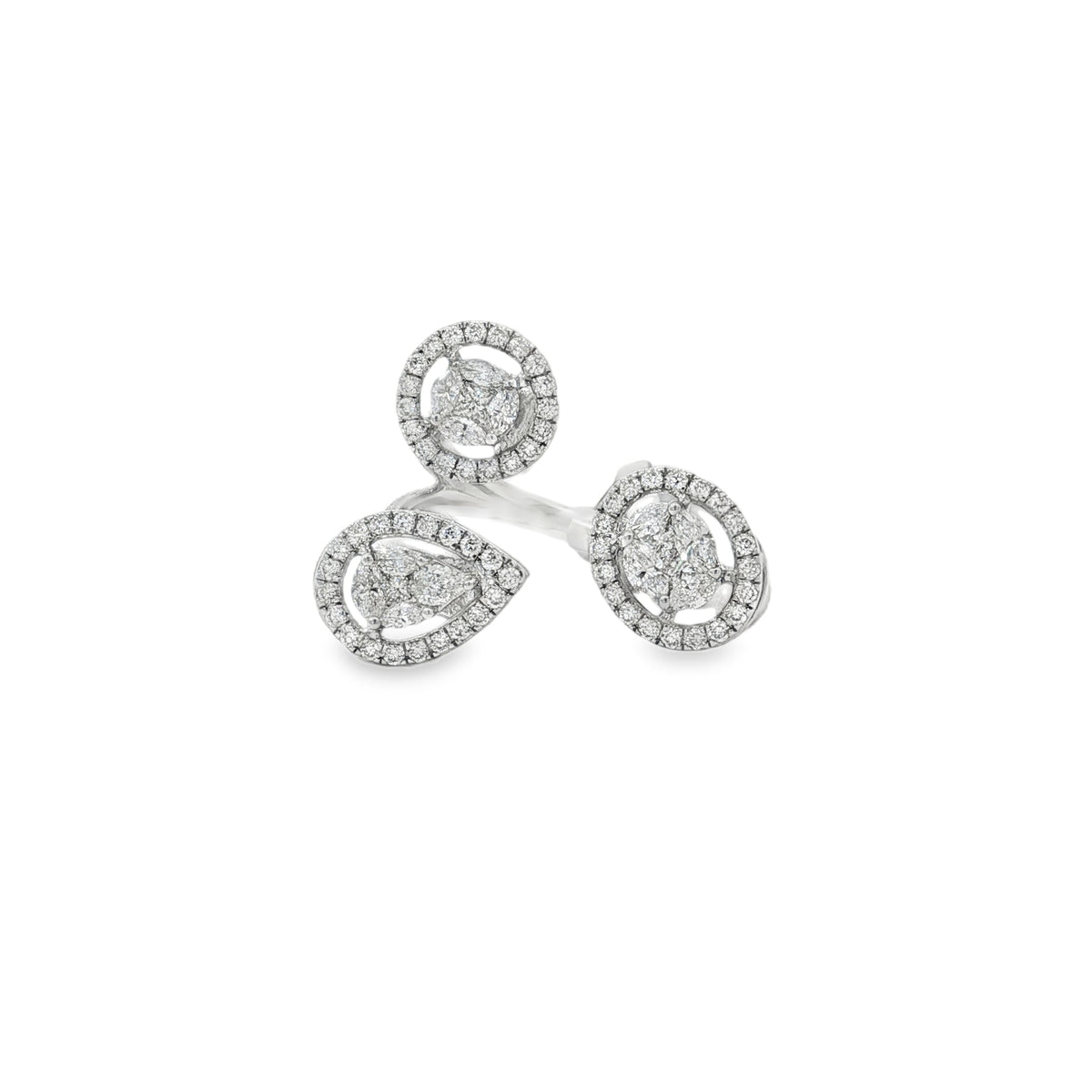 White gold open ring with three diamond clusters in round and pear-shaped halos