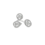 White gold open ring with three diamond clusters in round and pear-shaped halos