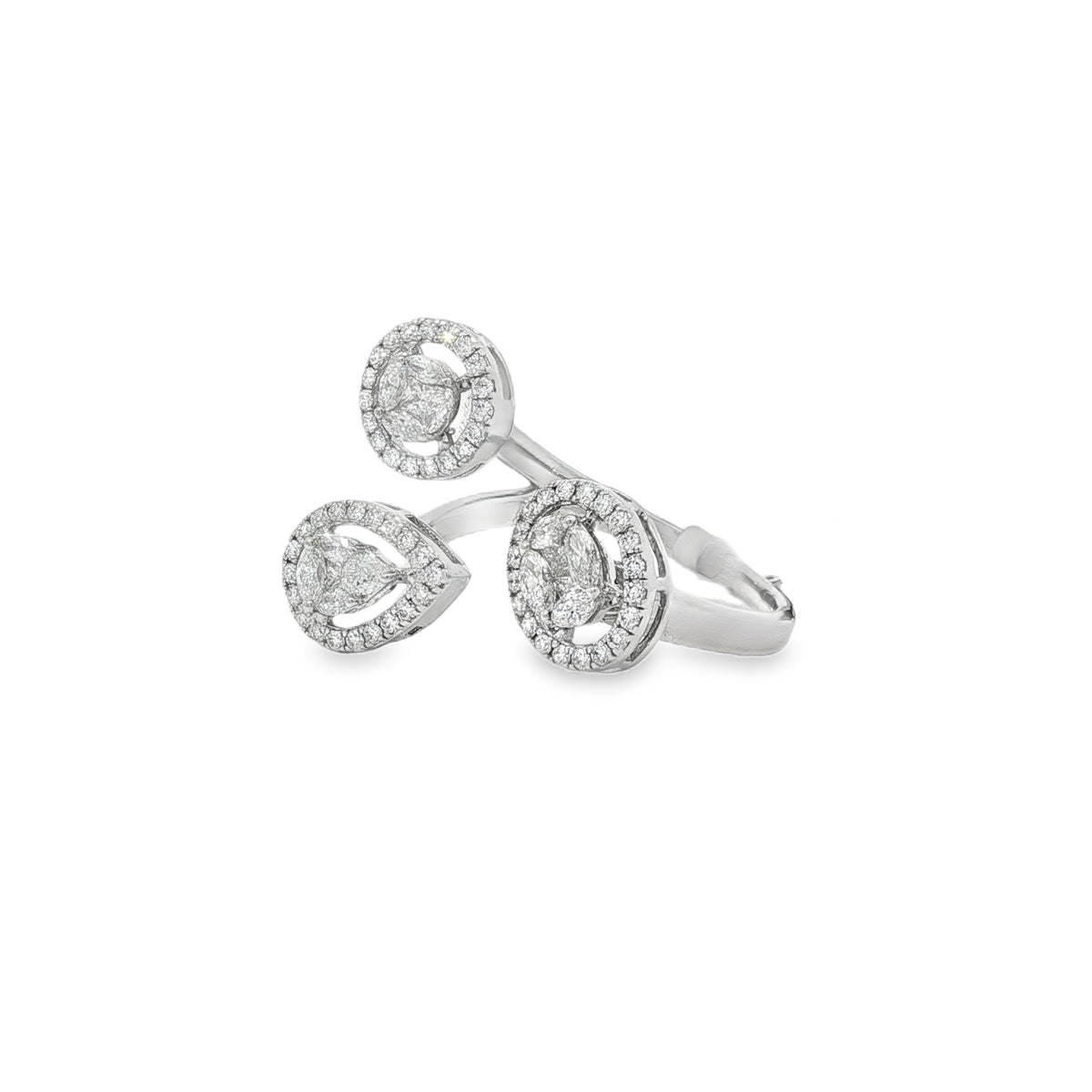 Angled view of white gold triple-halo diamond ring showing open band and raised clusters
