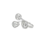 Angled view of white gold triple-halo diamond ring showing open band and raised clusters
