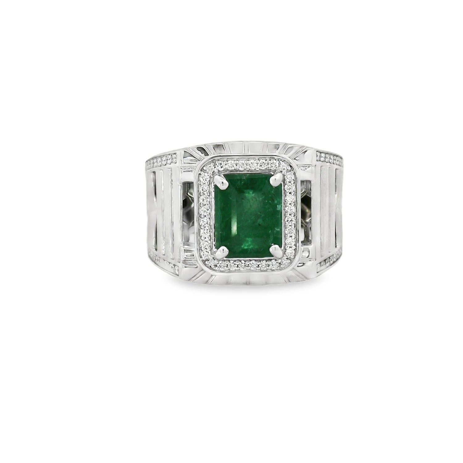 Exotic Centered Emerald Diamond Silver Men Ring