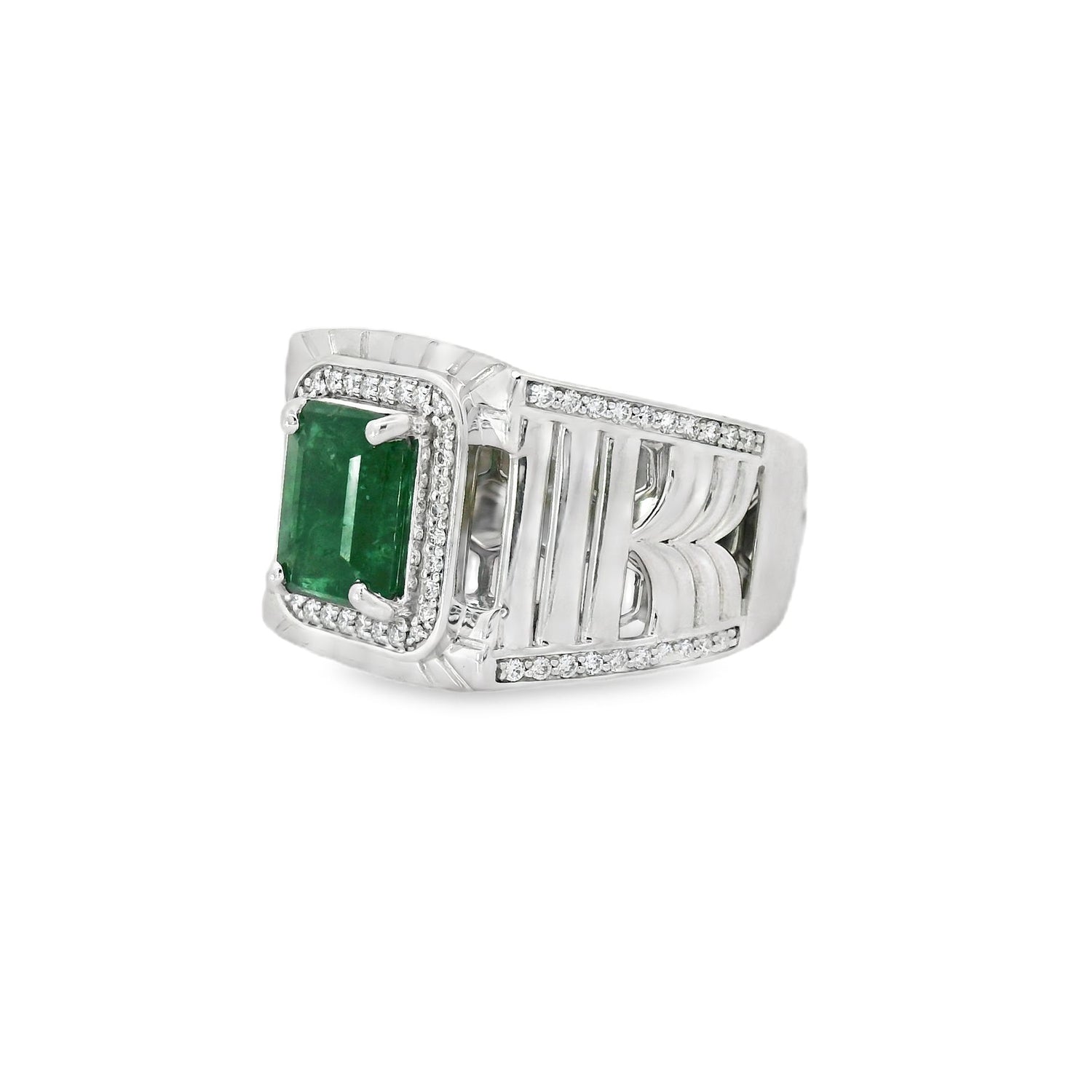 Exotic Centered Emerald Diamond Silver Men Ring
