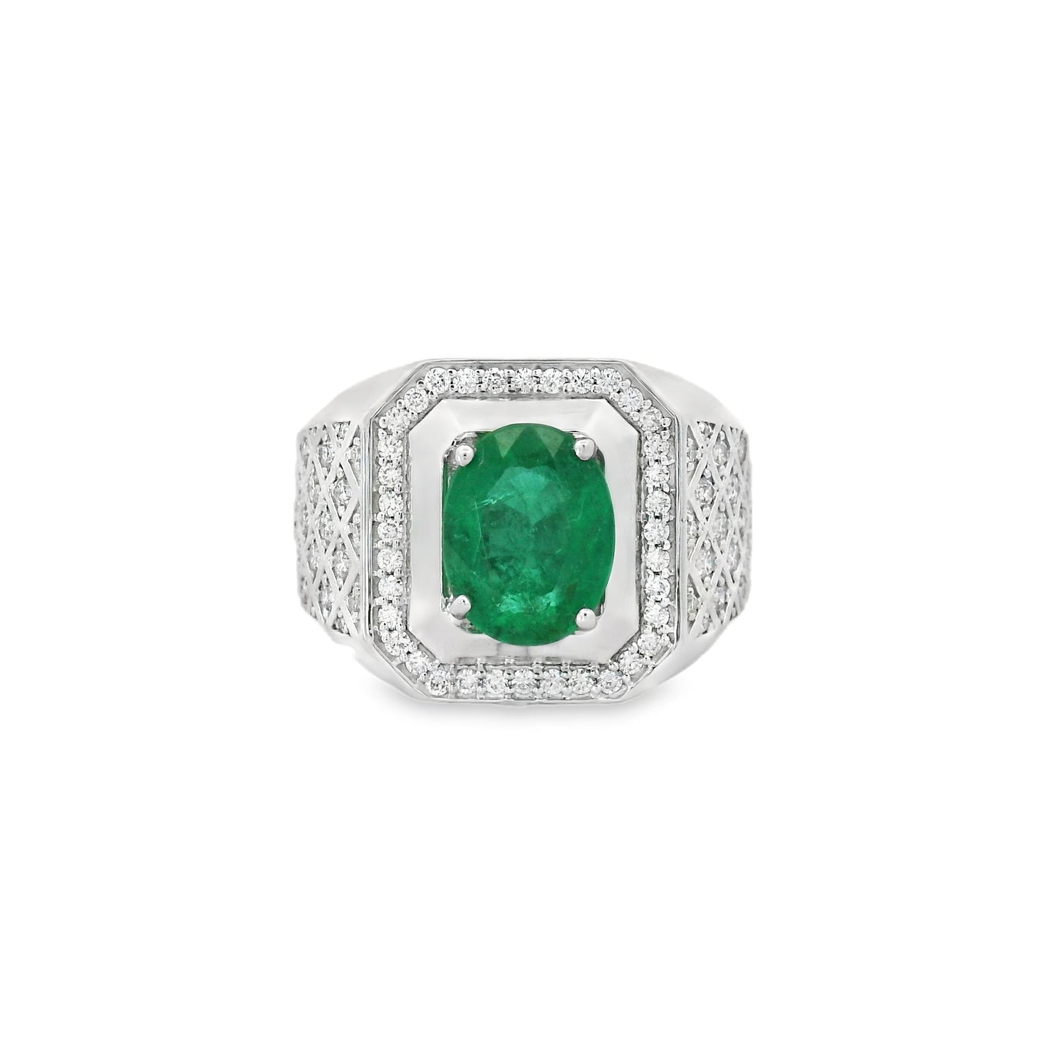 Elegant Oval Emerald Diamond Silver Men Ring
