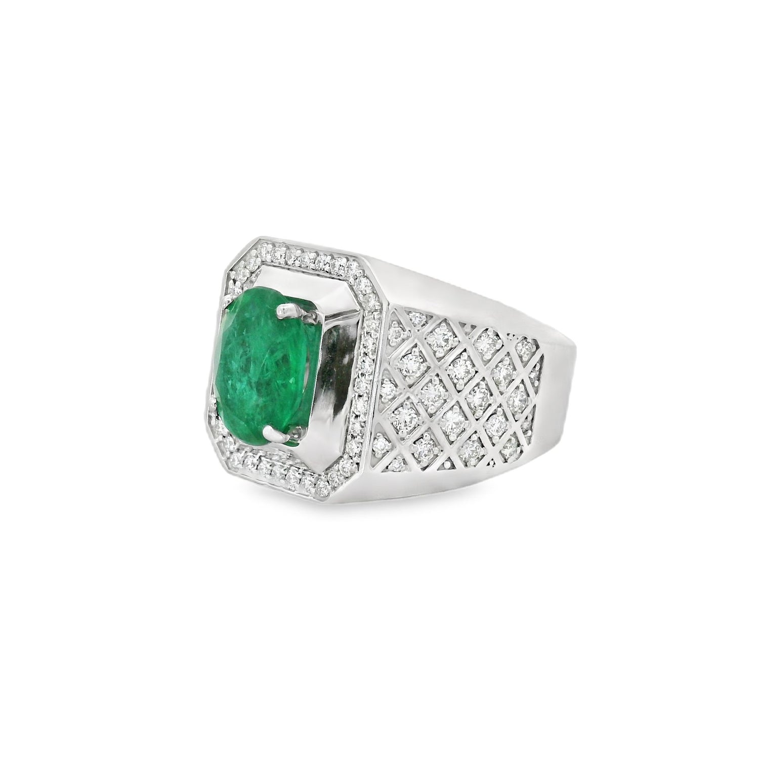 Elegant Oval Emerald Diamond Silver Men Ring