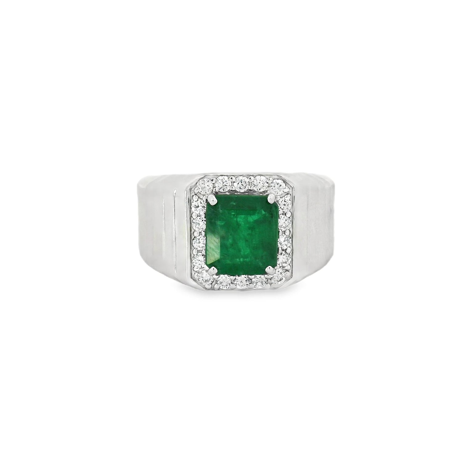 Splendid Halo Diamond Emerald Silver Men Ring