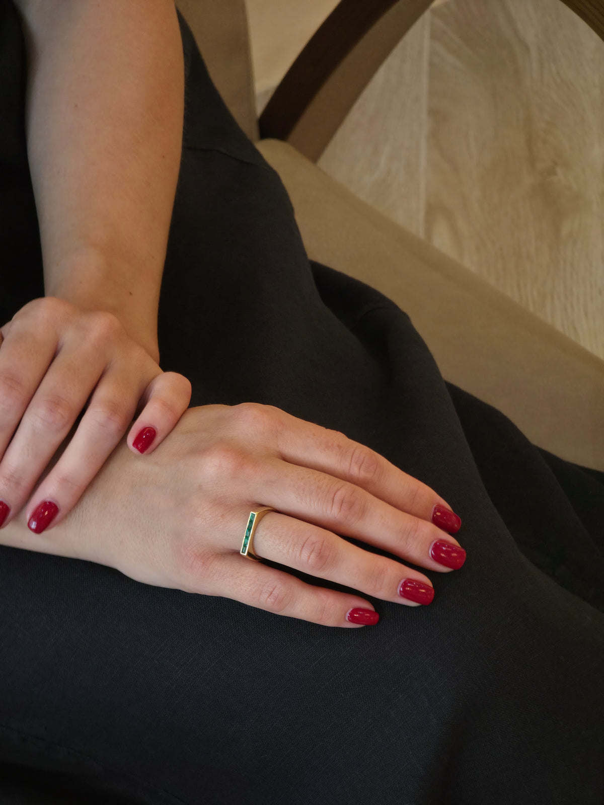 Chic Step Cut Emeralds Yellow Ring - additional view