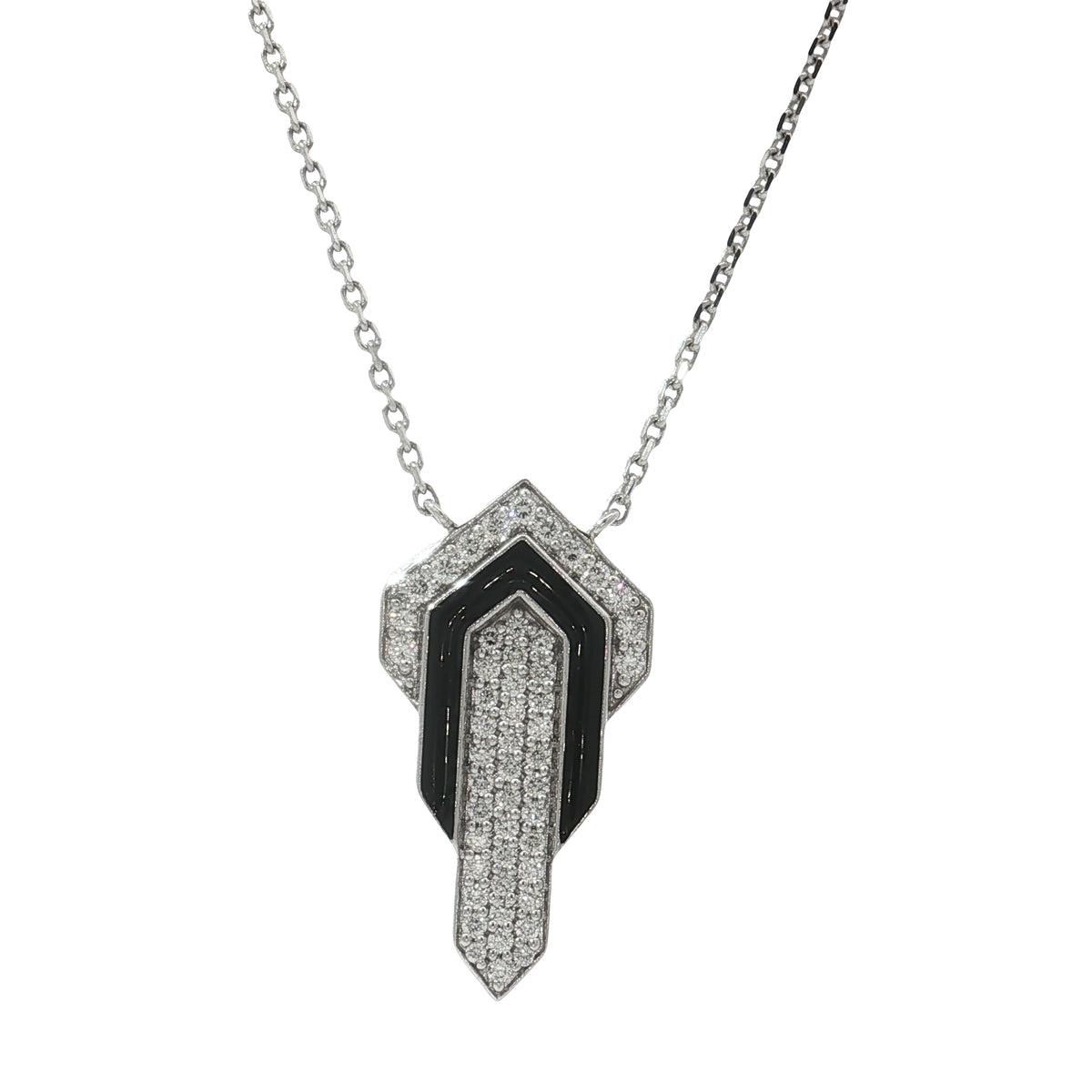 White gold necklace with layered pointed diamond centrepiece and black accent