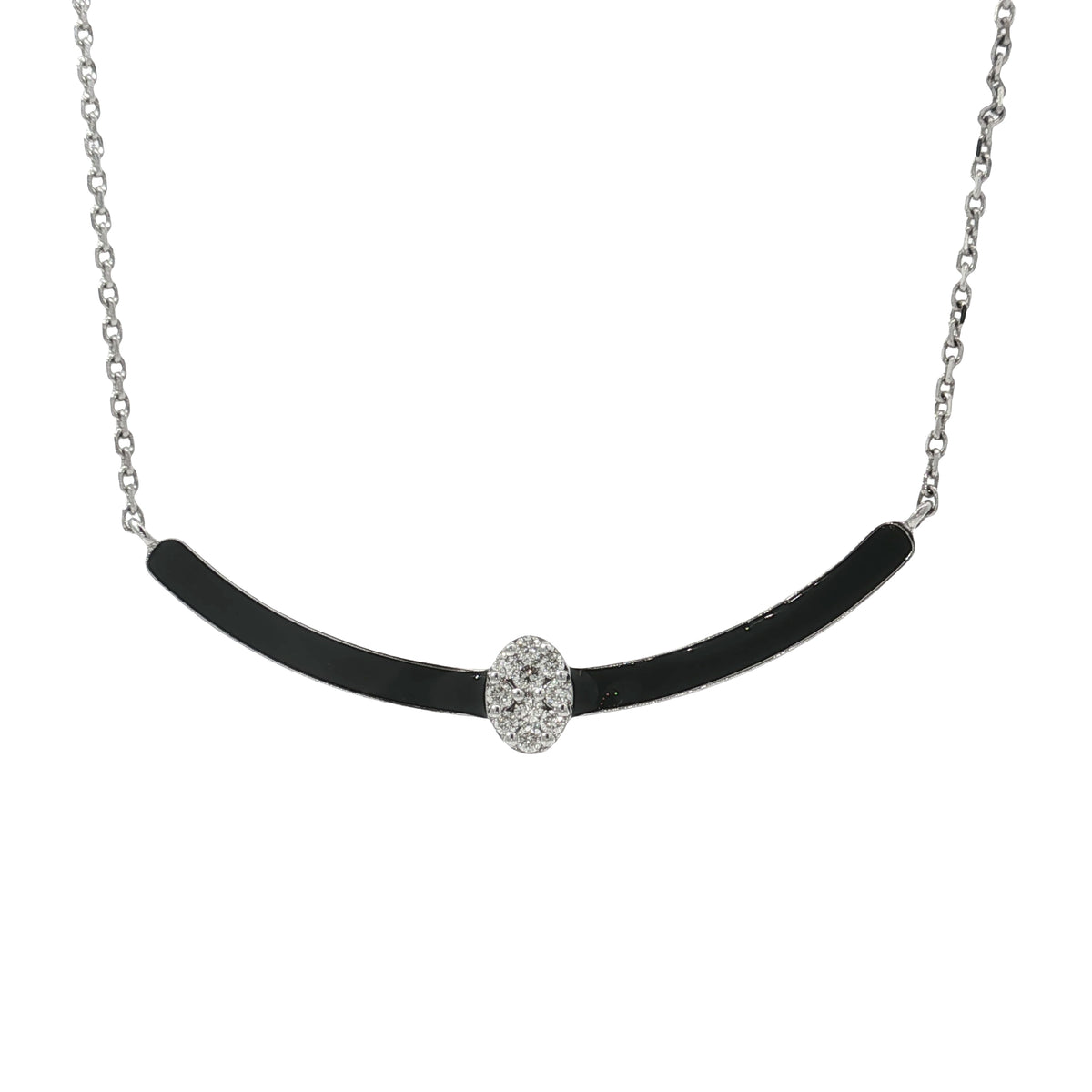 White gold necklace with black curved bar and central oval diamond cluster