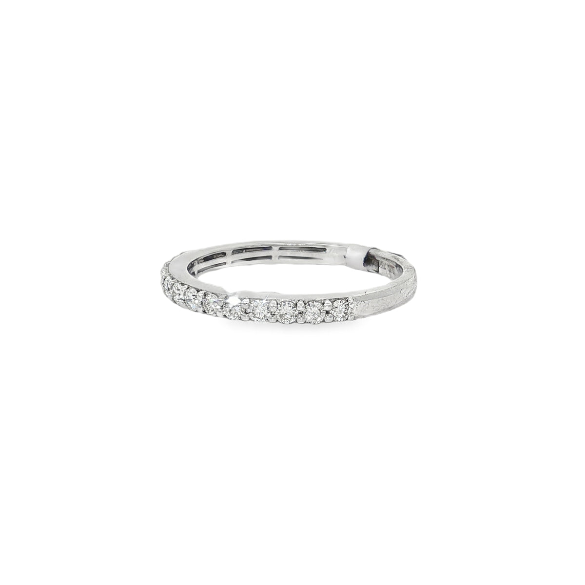 Angled view of double-row diamond ring showing the plain rear band
