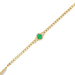 Yellow gold Cuban-link bracelet with emerald and diamond halo centerpiece