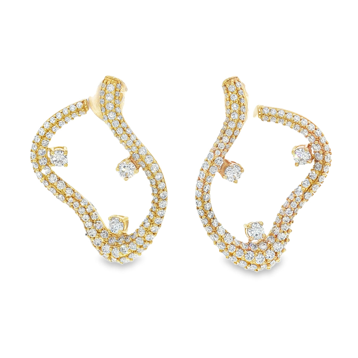 Yellow gold sculptural earrings with pavé and floating diamond accents