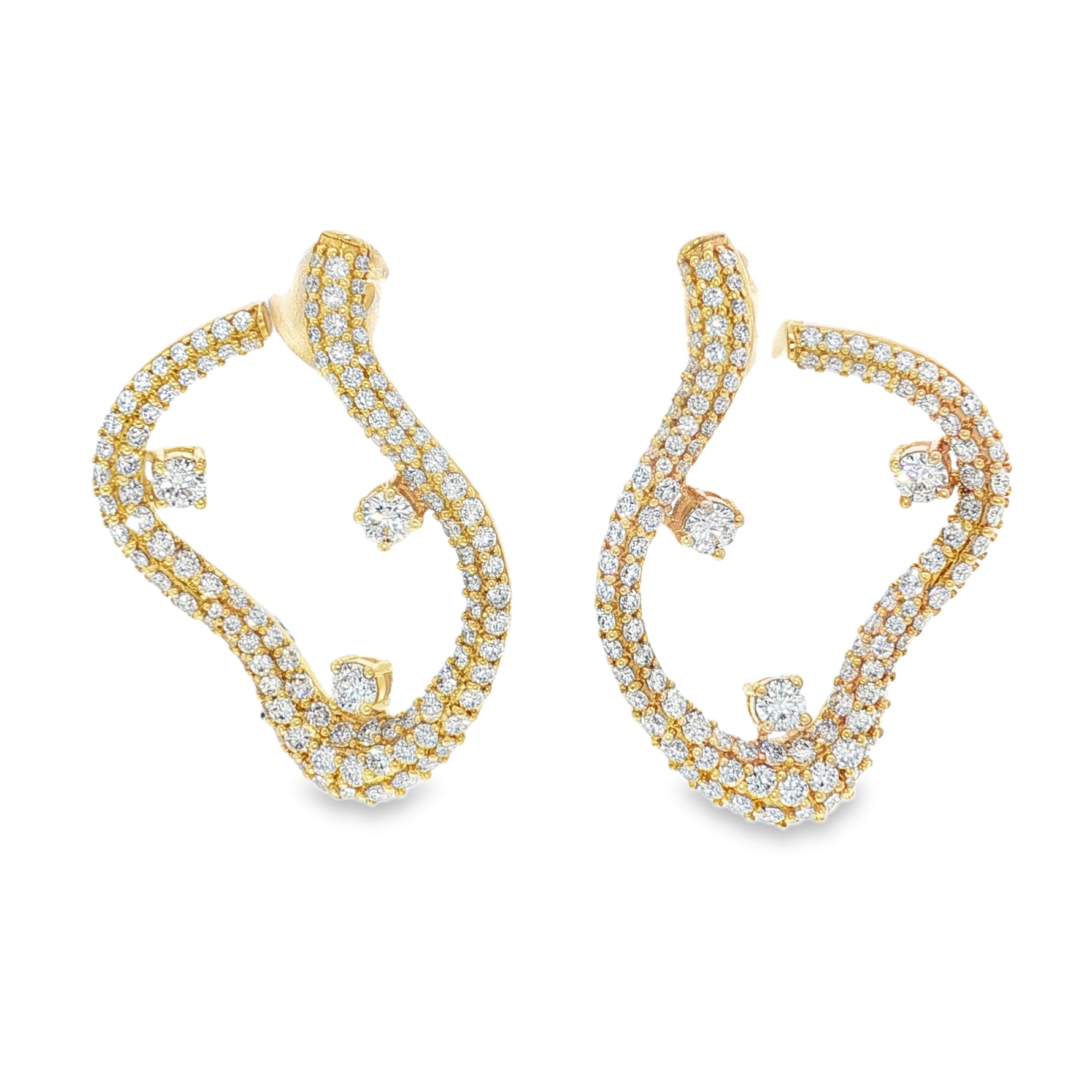 Yellow gold sculptural earrings with pavé and floating diamond accents