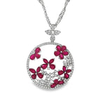 White gold circular necklace centrepiece with ruby flowers and diamond openwork