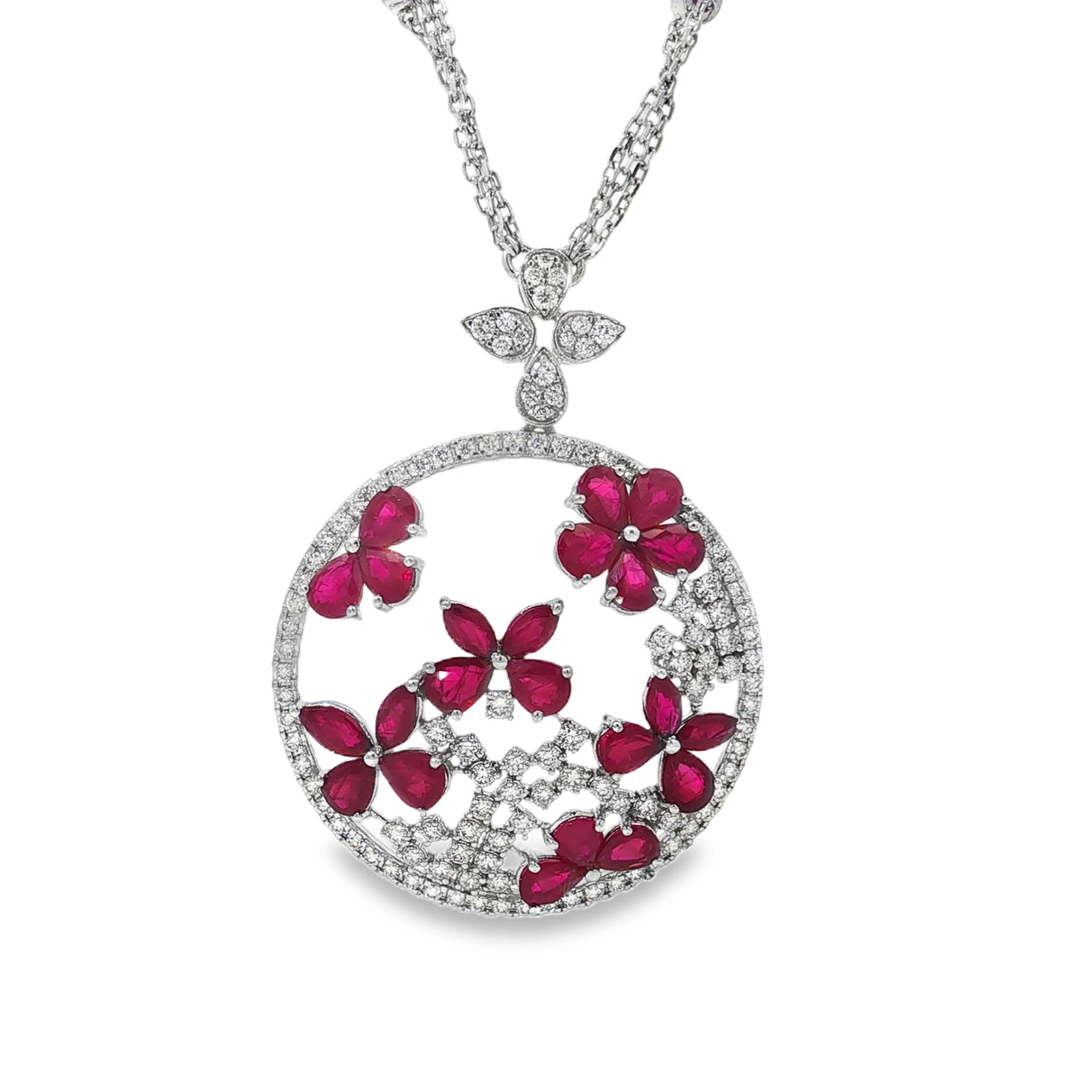White gold circular necklace centrepiece with ruby flowers and diamond openwork