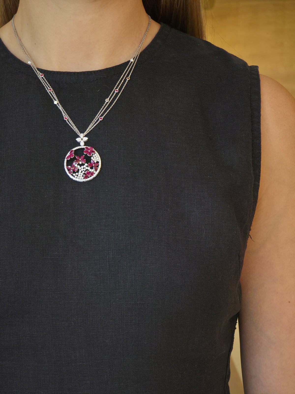 Romantic Ruby Floral Diamond Medallion Necklace - additional view