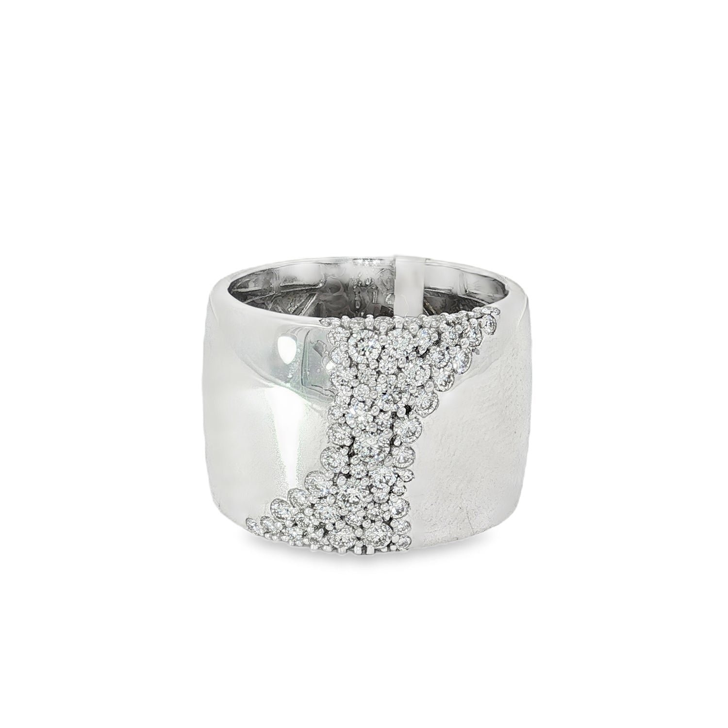 White gold cigar band ring with diagonal pavé diamond panel