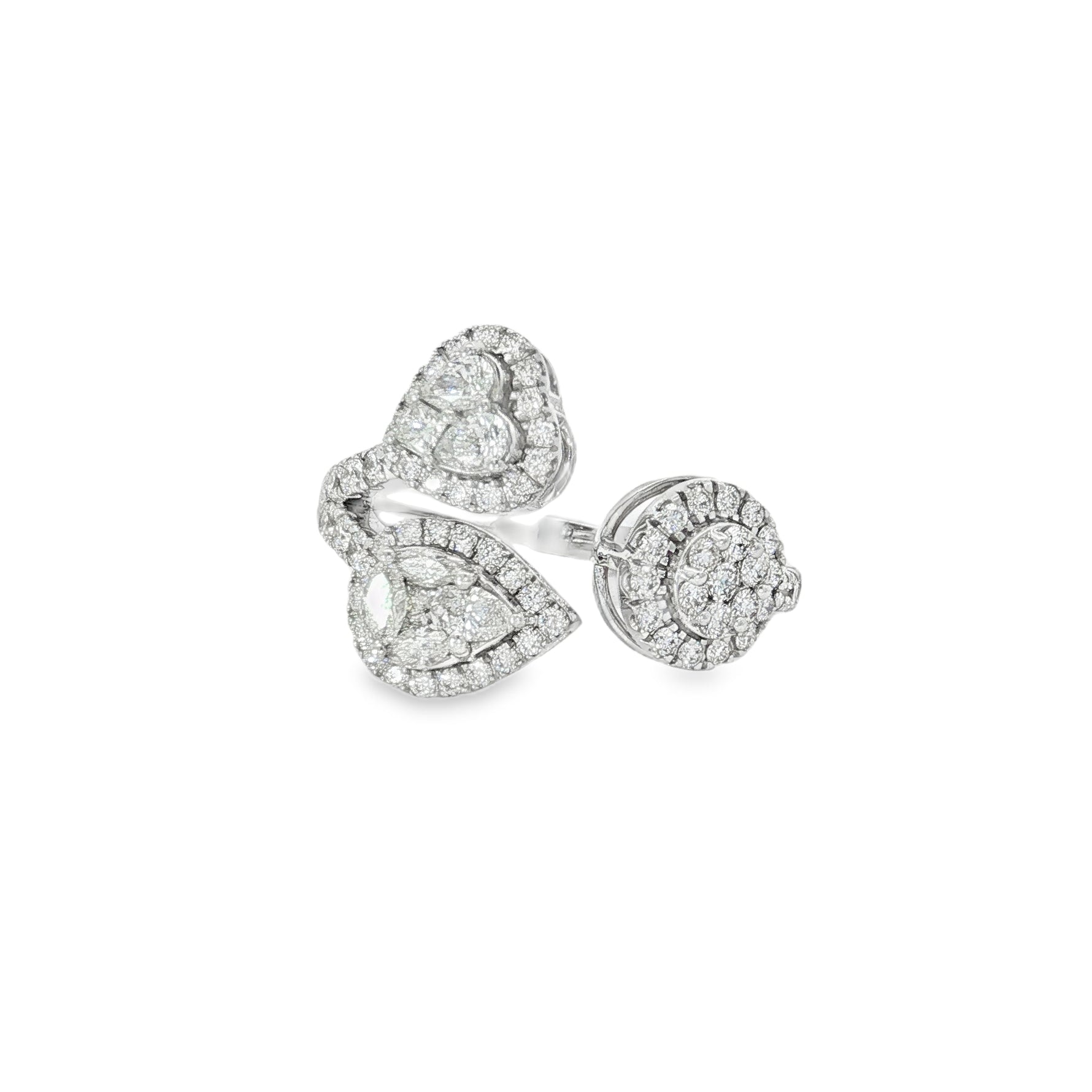 White gold open ring with mixed-cut diamond clusters