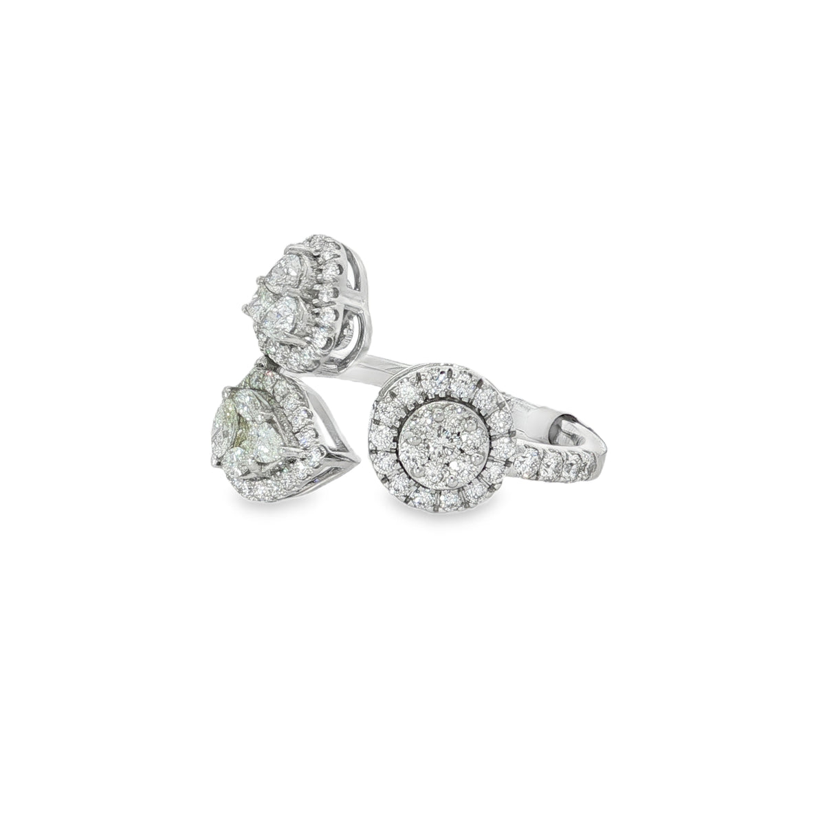 Side view showing pear and round diamond clusters on open ring