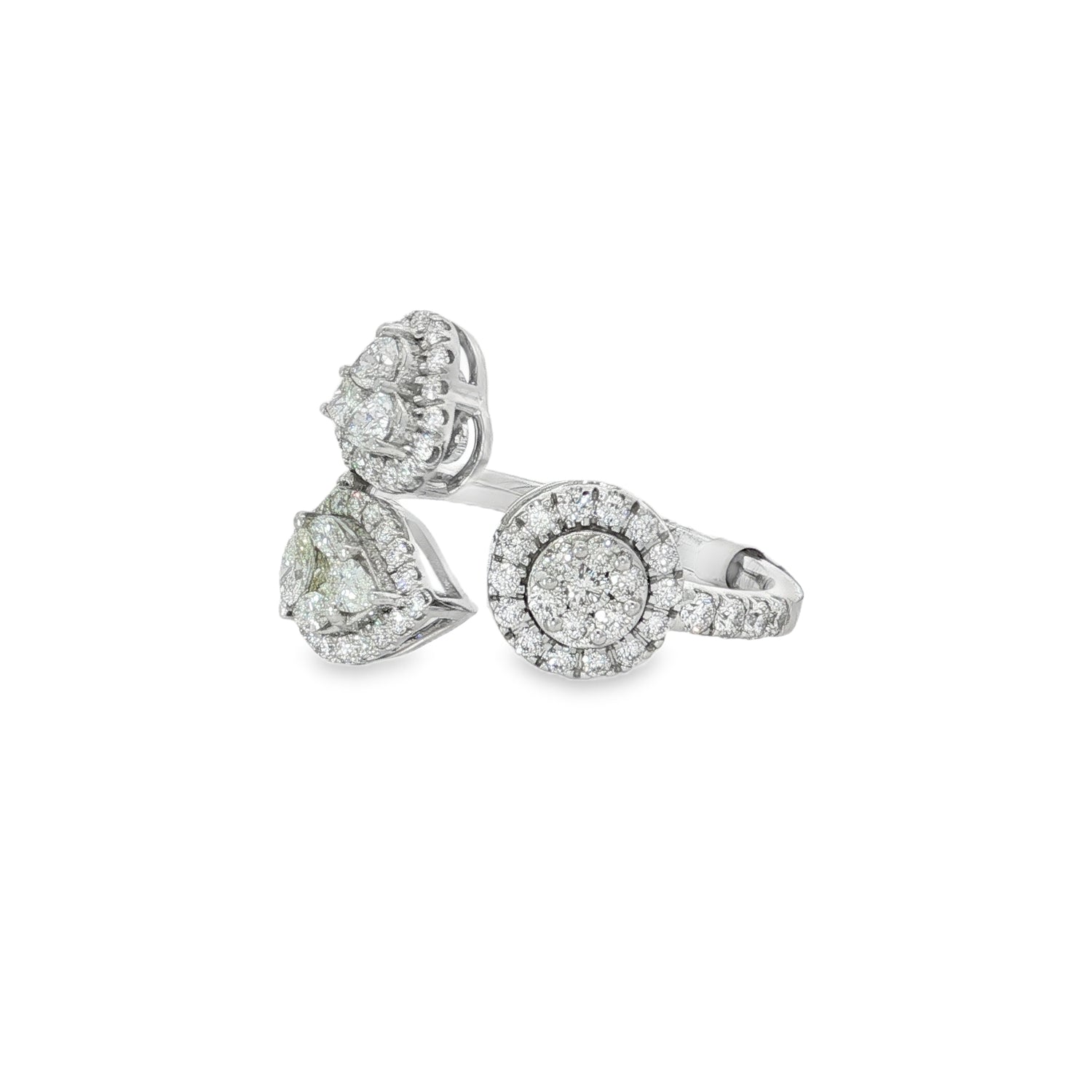 Side view showing pear and round diamond clusters on open ring