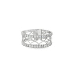 White gold scalloped openwork band ring bordered with round diamonds