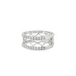 Angled view of scalloped latticework and diamond-edged white gold band