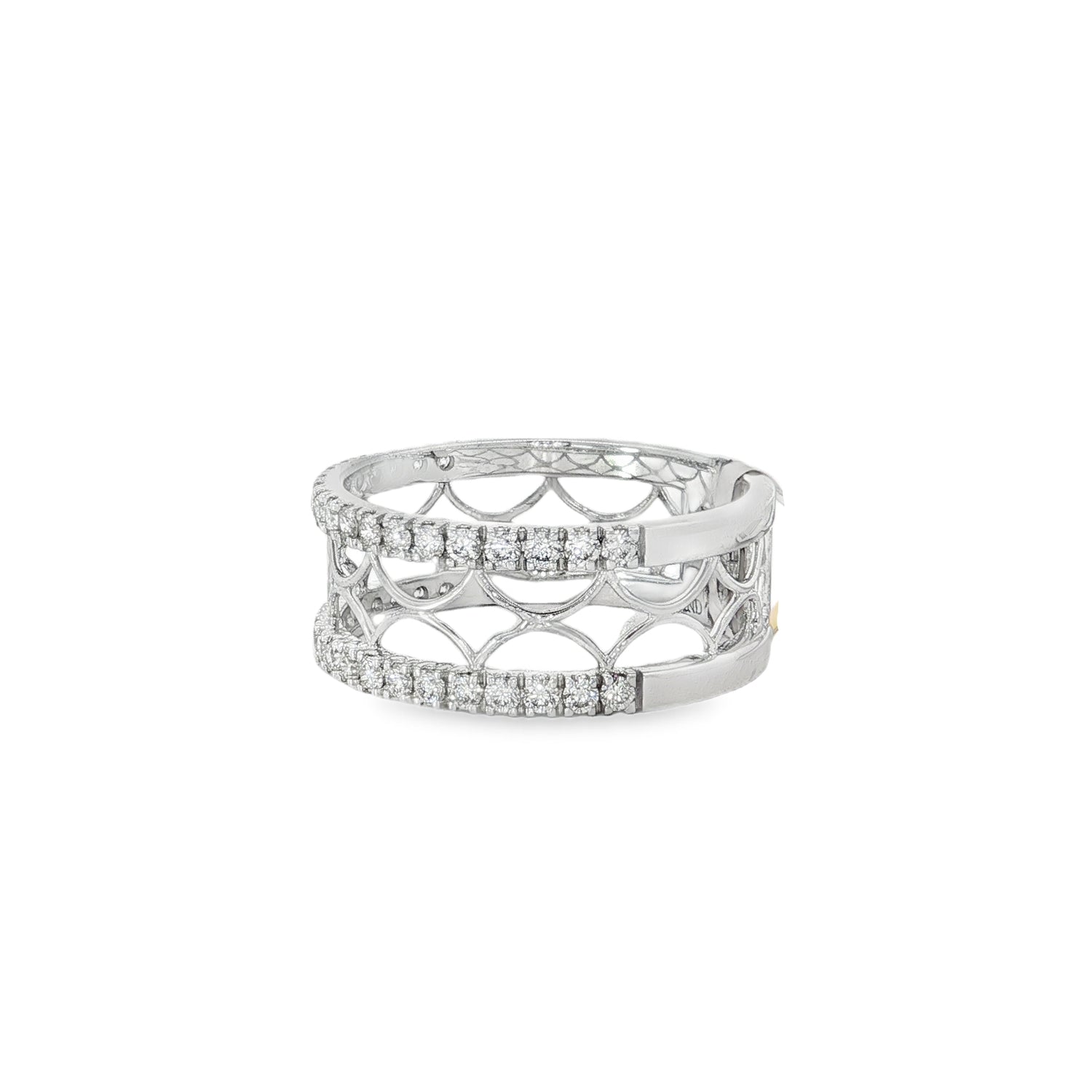Angled view of scalloped latticework and diamond-edged white gold band