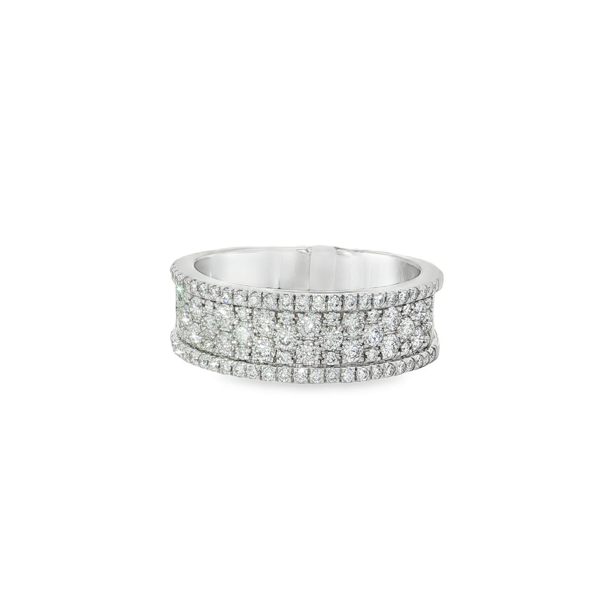 Wide white gold band ring with multiple pavé diamond rows