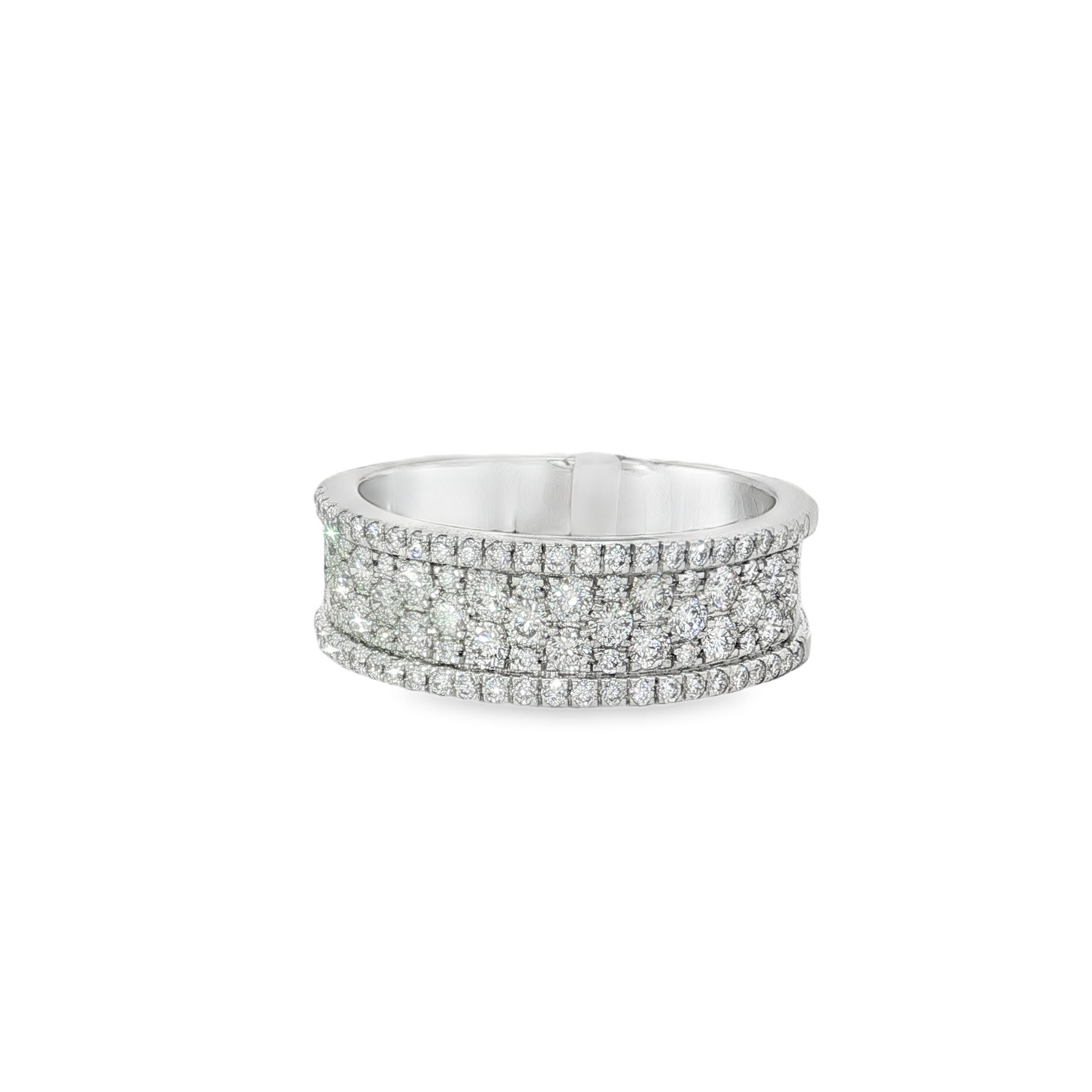 Wide white gold band ring with multiple pavé diamond rows