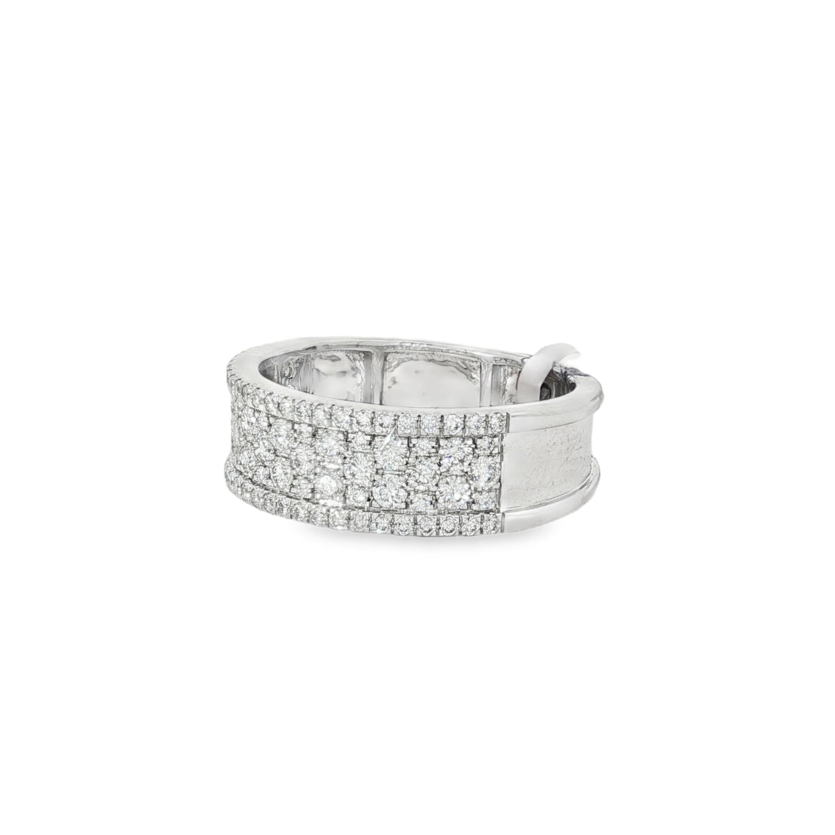 Angled view of multi-row pavé diamonds across wide white gold band