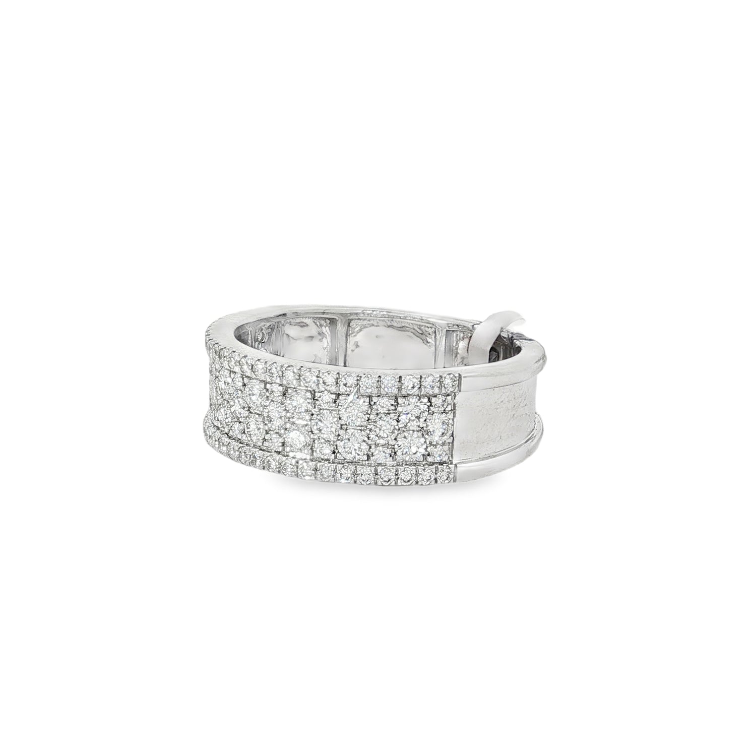 Angled view of multi-row pavé diamonds across wide white gold band