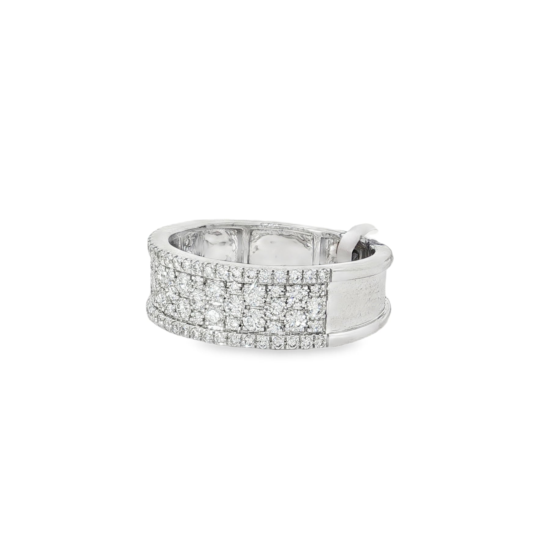 Angled view of multi-row pavé diamonds across wide white gold band