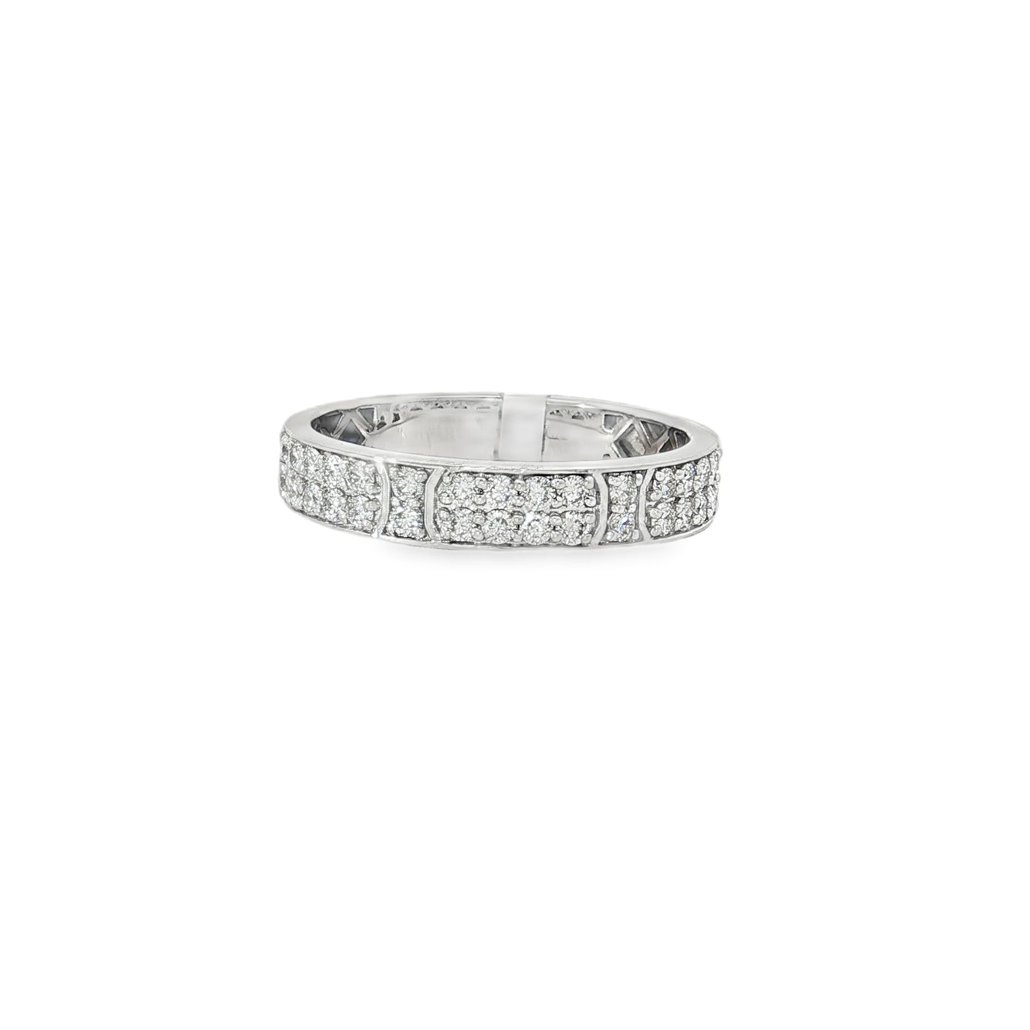 White gold band ring with geometric diamond panel pattern