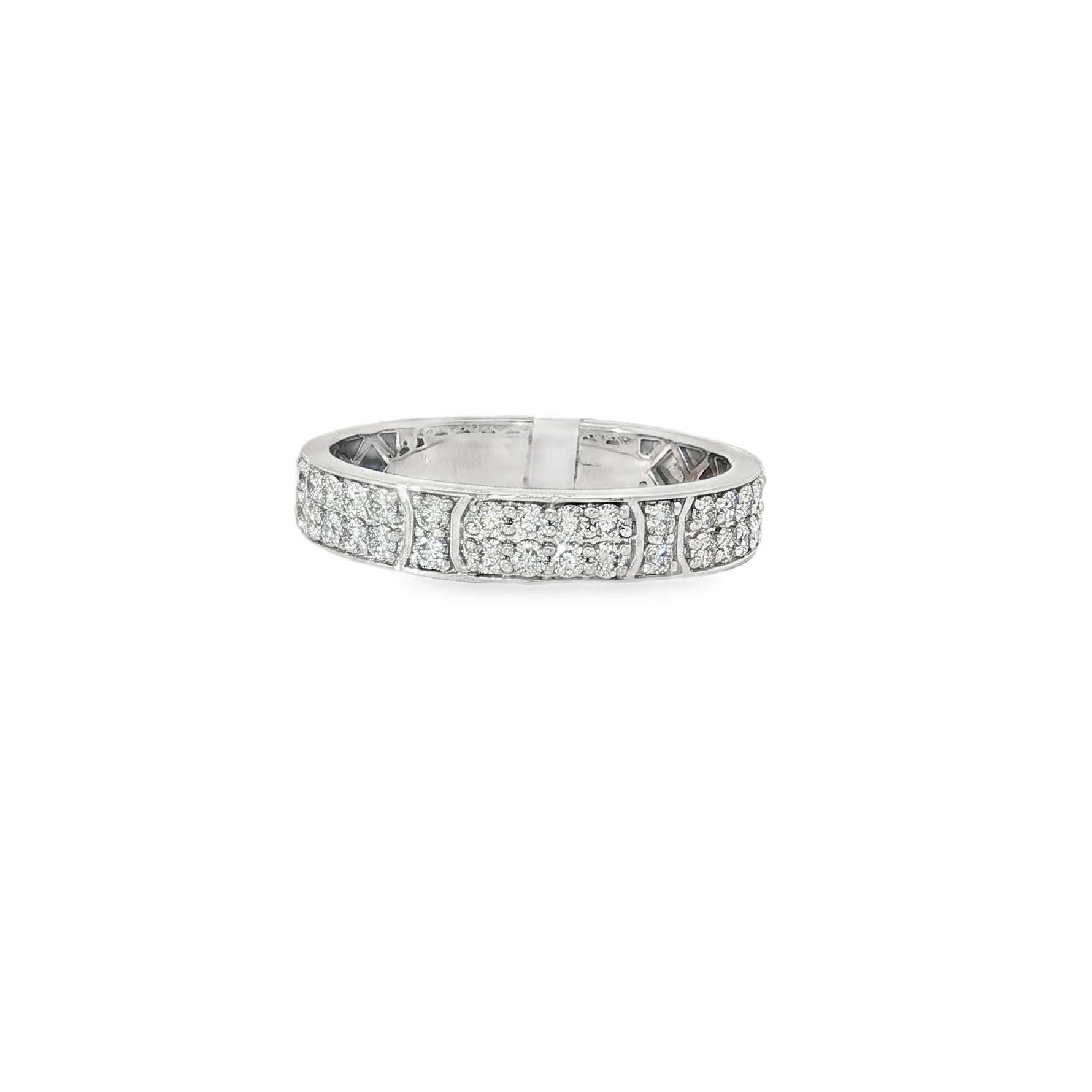 White gold band ring with geometric diamond panel pattern