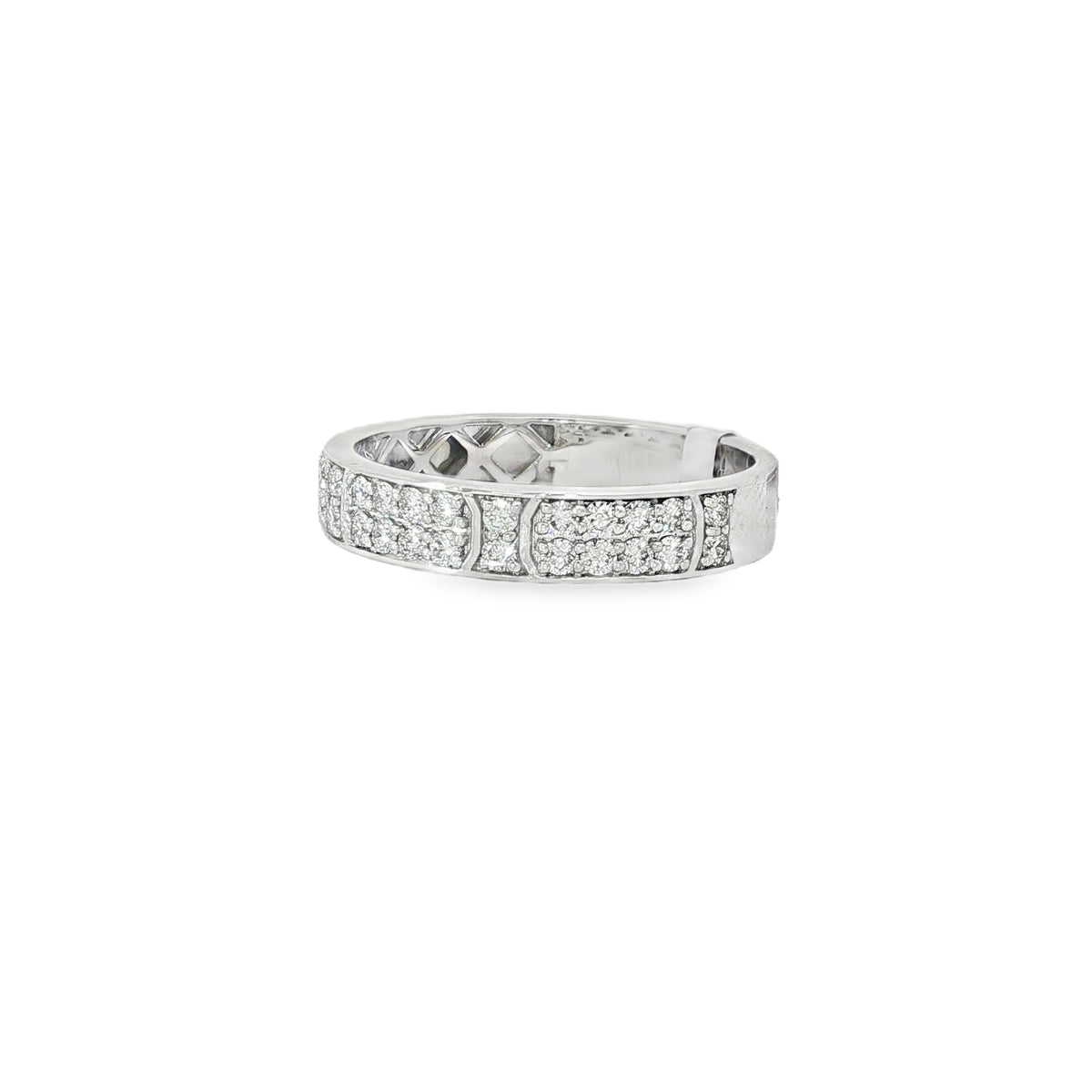 Angled view showing geometric panels and round diamond settings