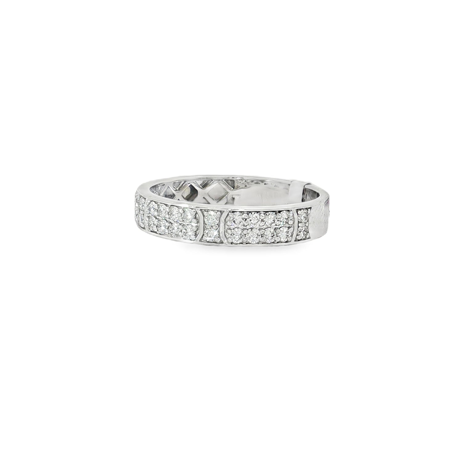 Angled view showing geometric panels and round diamond settings
