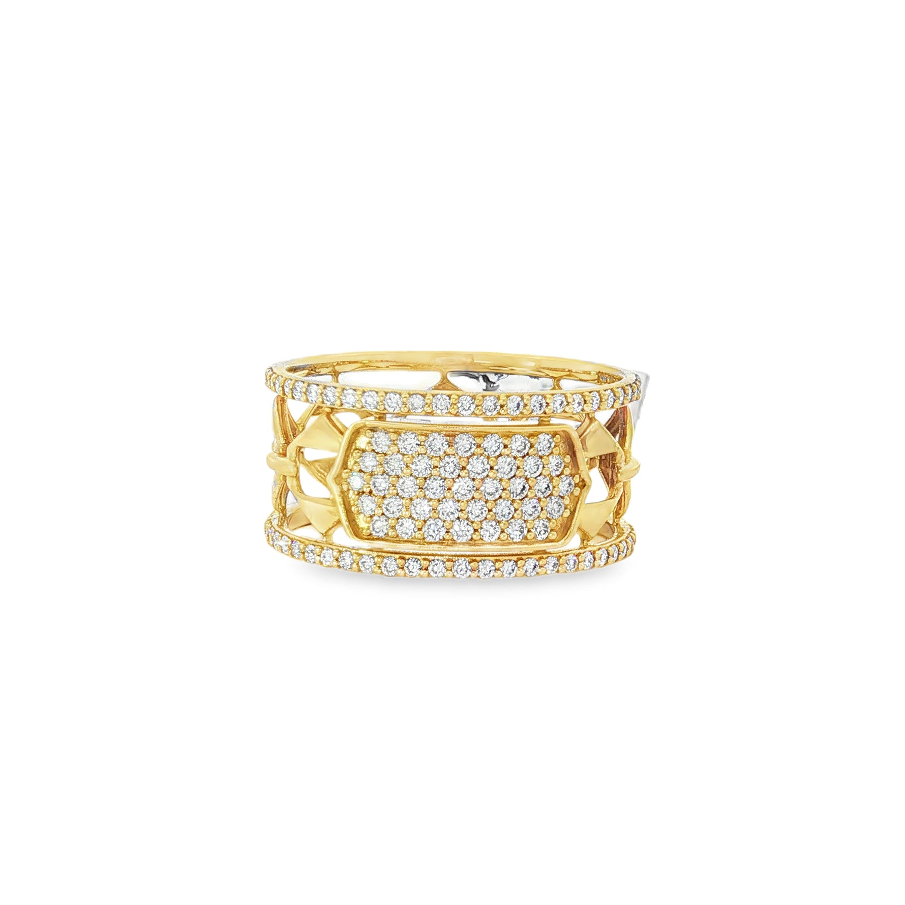Yellow gold geometric openwork ring with pavé diamond centerpiece
