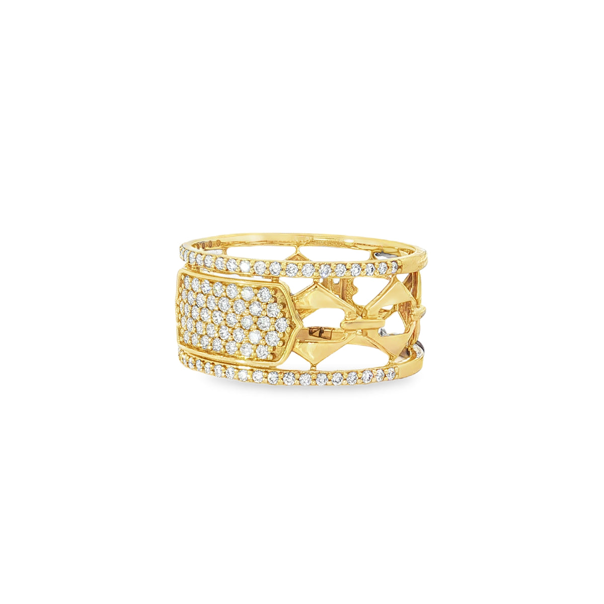 Angled view of yellow gold openwork and framed diamond panel
