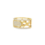 Angled view of yellow gold openwork and framed diamond panel