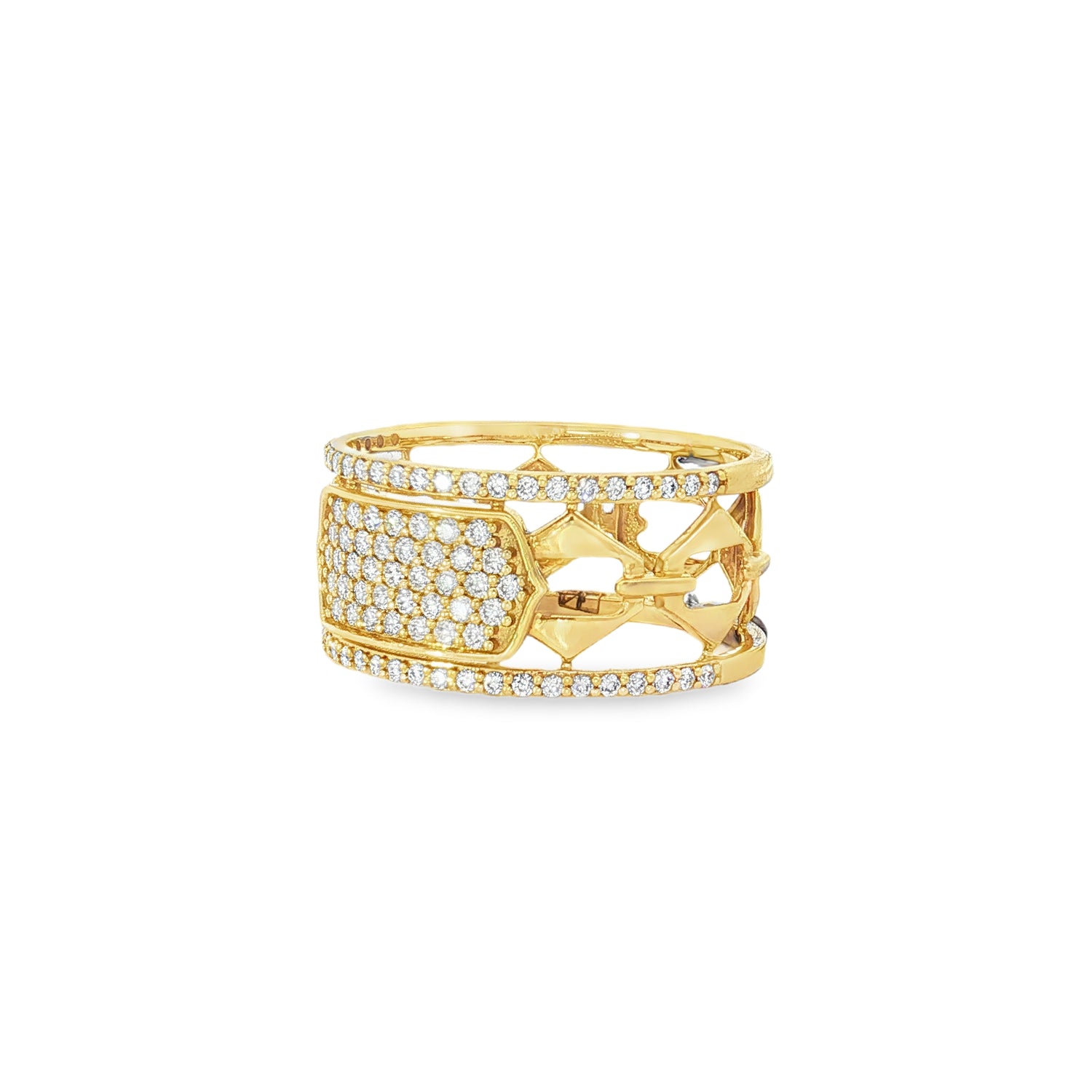 Angled view of yellow gold openwork and framed diamond panel